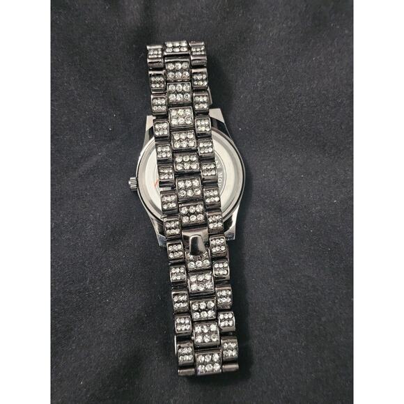 37.7mm Black Iced Out Crystal Dial Quartz Analog Wristwatch Black Metal w/case main image 4